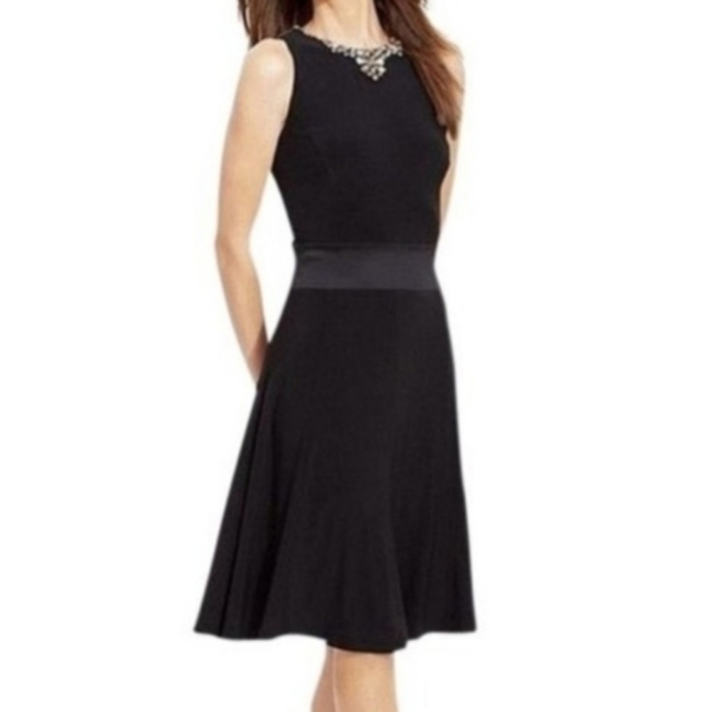 Lauren Ralph Lauren Black Fit and Flare Party Dress Bejeweled Neckline Size 12P